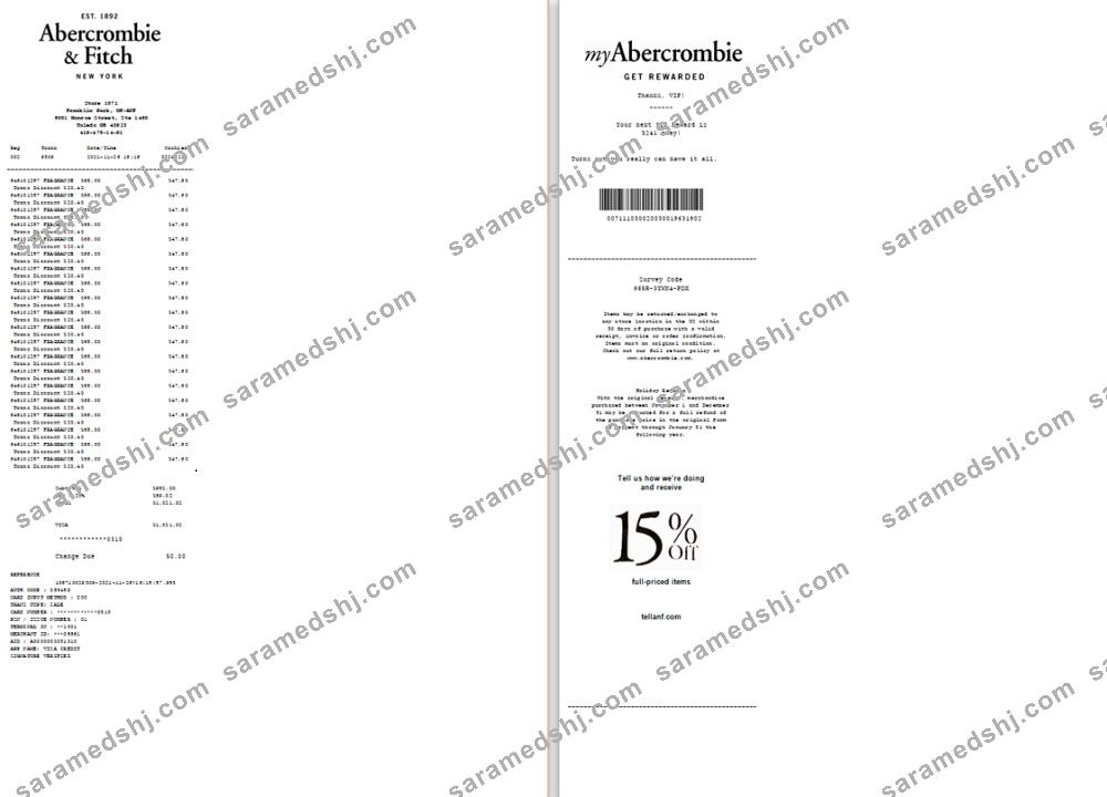 USA New York Abercrombie & Fitch payment check in Word and PDF format  scr